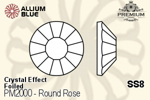 PREMIUM Round Rose Flat Back (PM2000) SS8 - Crystal Effect With Foiling