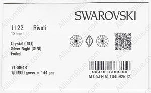 SWAROVSKI 1122 12MM CRYSTAL SILVNIGHT F factory pack