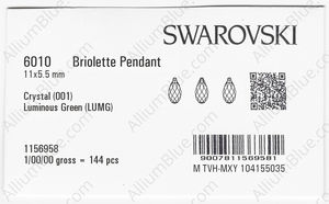 SWAROVSKI 6010 11X5.5MM CRYSTAL LUMINGREEN factory pack
