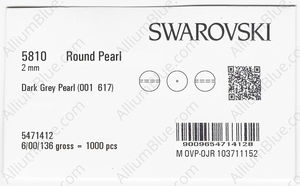 SWAROVSKI 5810 2MM CRYSTAL DARK GREY PEARL factory pack